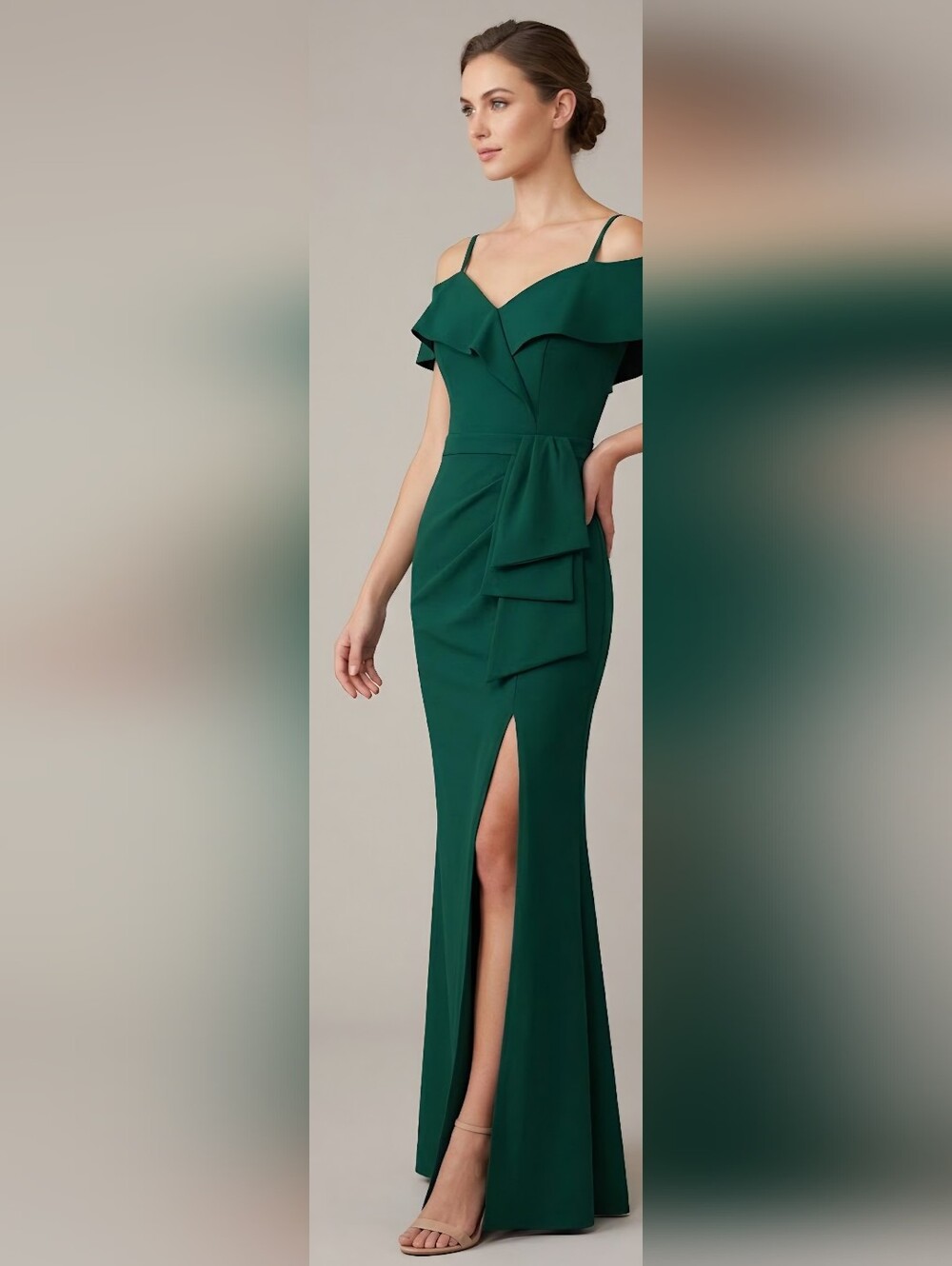 Evening Dress- Deep Green Ruffle-Front Maxi Dress With Straps/Strapless